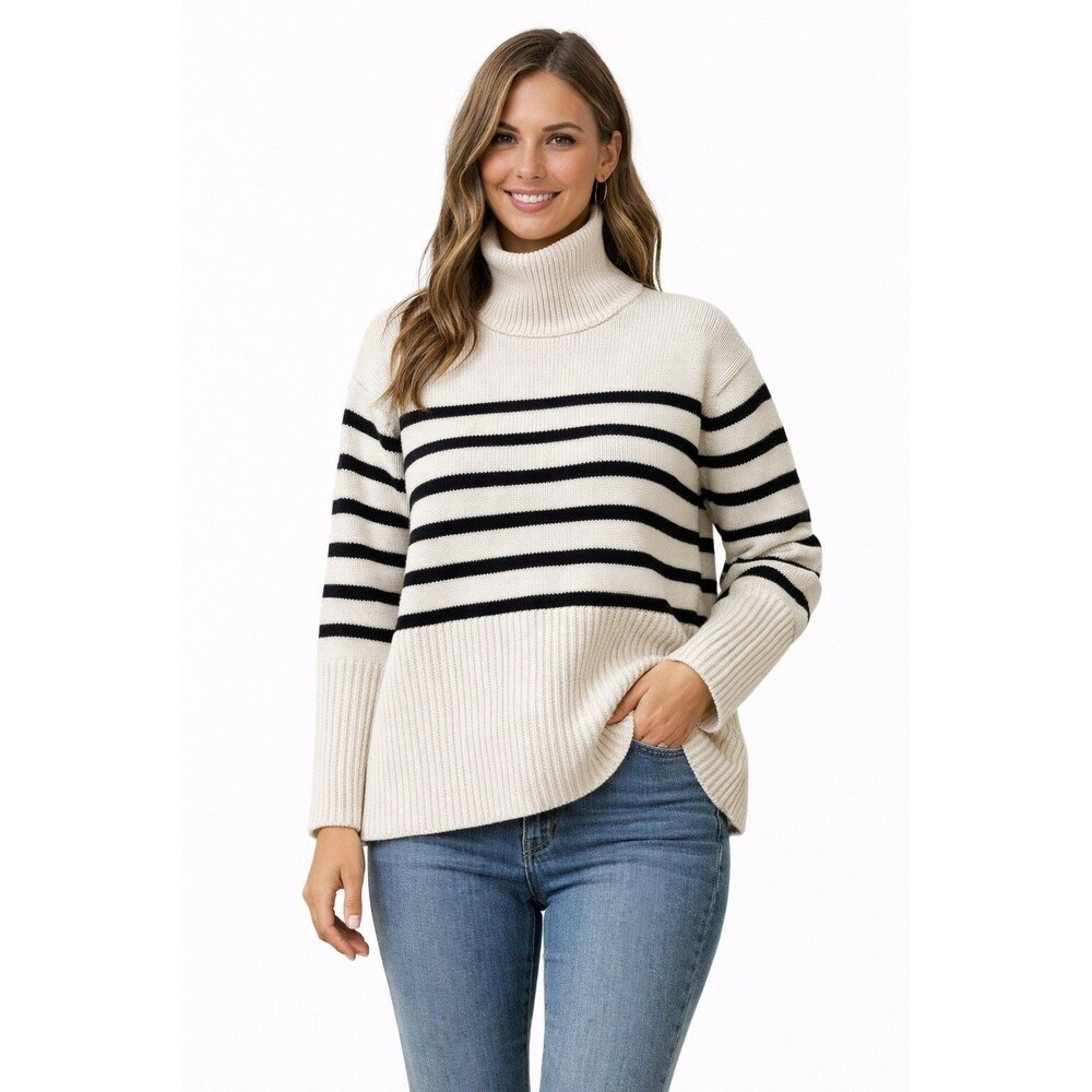 GAP Blue And Cream Oversize Split Hem Stripe Turtleneck Size Small